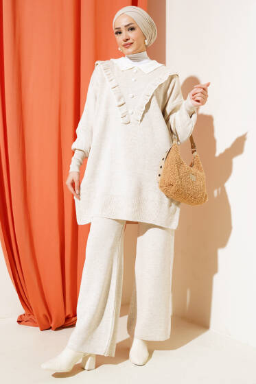 	 Fırfırlı Gömlek Yaka Triko İkili Takım Taş - İkili Takım