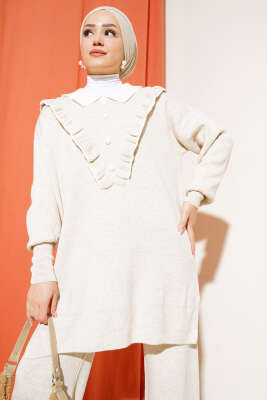 	 Fırfırlı Gömlek Yaka Triko İkili Takım Taş - Triko İkili Takım