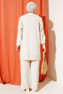 	 Fırfırlı Gömlek Yaka Triko İkili Takım Taş - Triko İkili Takım