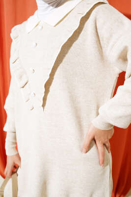 	 Fırfırlı Gömlek Yaka Triko İkili Takım Taş - Triko İkili Takım