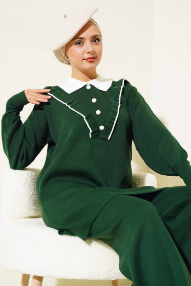 Fırfırlı Gömlek Yaka Triko İkili Takım Zümrüt - İkili Takım