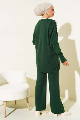 Fırfırlı Gömlek Yaka Triko İkili Takım Zümrüt - Triko İkili Takım