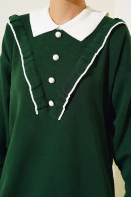 Fırfırlı Gömlek Yaka Triko İkili Takım Zümrüt - Triko İkili Takım