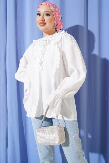 Fırfırlı Gül Aksesuarlı Gömlek Beyaz - Yılın Fırsatı 