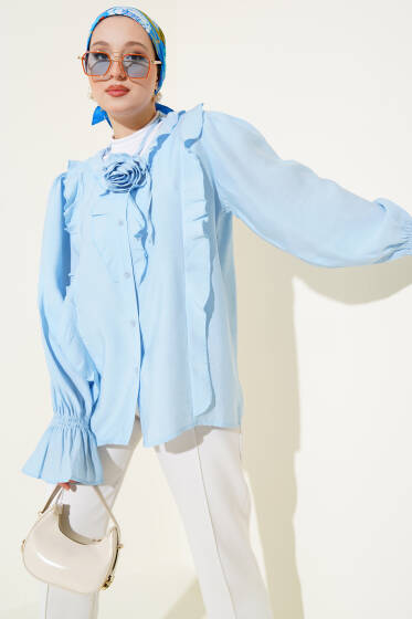 Fırfırlı Gül Aksesuarlı Gömlek Mavi - Yılın Fırsatı 