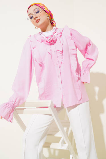 Fırfırlı Gül Aksesuarlı Gömlek Pembe - Yılın Fırsatı 