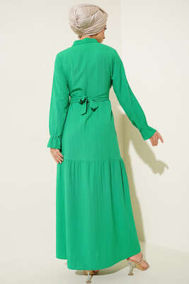 Fırfırlı Hakim Yaka Kuşaklı Elbise Benetton - Thumbnail
