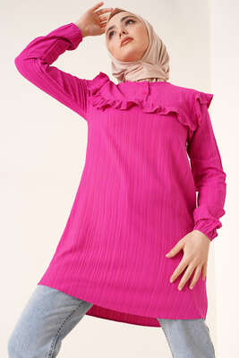 Fırfırlı İki Düğmeli Tunik Fuşya 