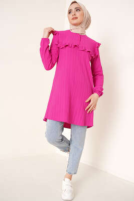 Fırfırlı İki Düğmeli Tunik Fuşya - Tunik