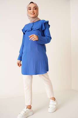 Fırfırlı İki Düğmeli Tunik İndigo 