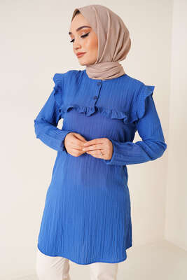 Fırfırlı İki Düğmeli Tunik İndigo - Tunik