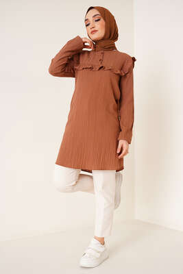 Fırfırlı İki Düğmeli Tunik Kahve 
