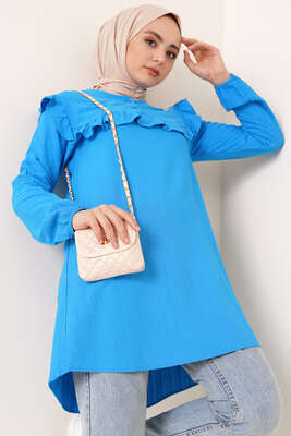 Fırfırlı İki Düğmeli Tunik Mavi 