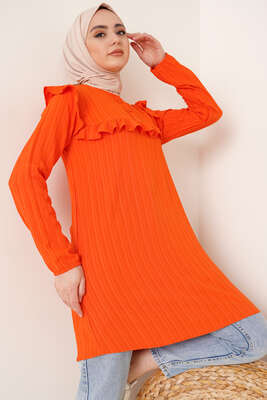 Fırfırlı İki Düğmeli Tunik Oranj 
