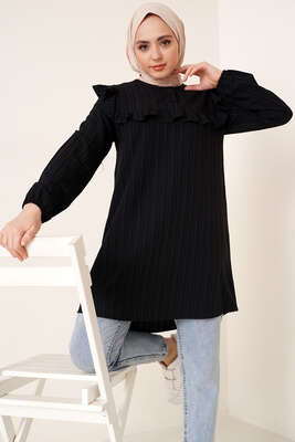Fırfırlı İki Düğmeli Tunik Siyah 