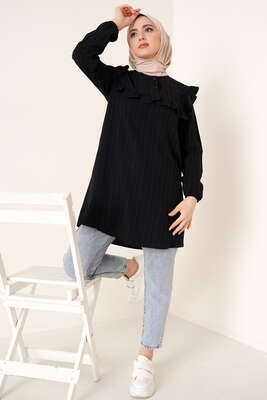 Fırfırlı İki Düğmeli Tunik Siyah - Tunik