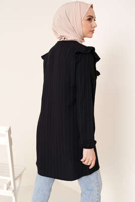 Fırfırlı İki Düğmeli Tunik Siyah - Tunik