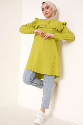 Fırfırlı İki Düğmeli Tunik Yağ Yeşili - Tunik