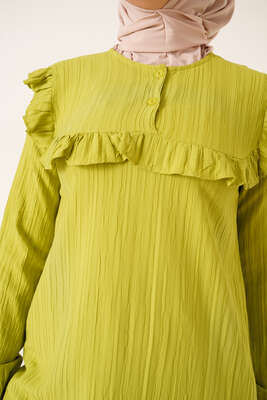 Fırfırlı İki Düğmeli Tunik Yağ Yeşili - Tunik