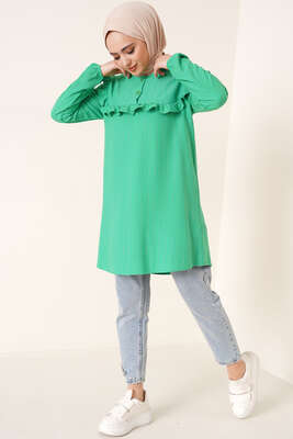Fırfırlı İki Düğmeli Tunik Yeşil - Tunik