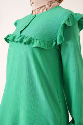 Fırfırlı İki Düğmeli Tunik Yeşil - Tunik