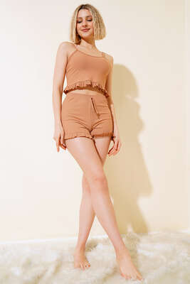 Fırfırlı İkili Takım Latte - Kadın Giyim Modelleri