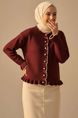 Fırfırlı İnci Düğmeli Triko Hırka Bordo - VAV TEKSTİL