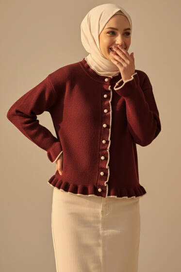 Fırfırlı İnci Düğmeli Triko Hırka Bordo - Hırka