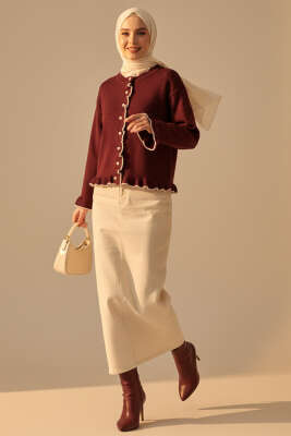 Fırfırlı İnci Düğmeli Triko Hırka Bordo - Hırka