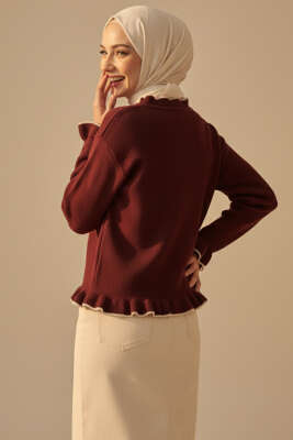 Fırfırlı İnci Düğmeli Triko Hırka Bordo - Hırka