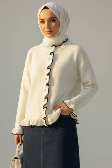 Fırfırlı İnci Düğmeli Triko Hırka Ekru - Hırka