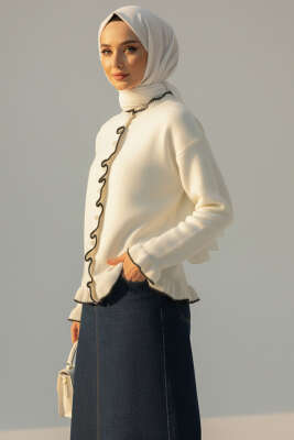Fırfırlı İnci Düğmeli Triko Hırka Ekru - Hırka
