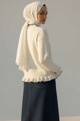 Fırfırlı İnci Düğmeli Triko Hırka Ekru - Hırka