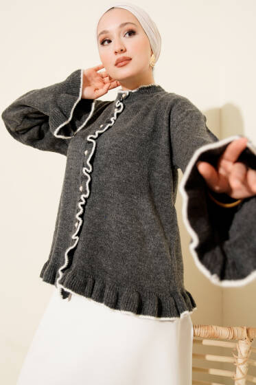 Fırfırlı İnci Düğmeli Triko Hırka Füme - Hırka