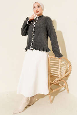 Fırfırlı İnci Düğmeli Triko Hırka Füme - Hırka