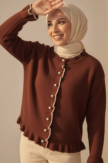 Fırfırlı İnci Düğmeli Triko Hırka Kahve - Hırka