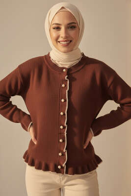 Fırfırlı İnci Düğmeli Triko Hırka Kahve - Hırka
