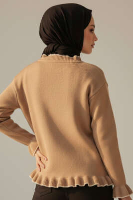 Fırfırlı İnci Düğmeli Triko Hırka Latte - Hırka