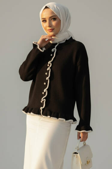 Fırfırlı İnci Düğmeli Triko Hırka Siyah - Hırka