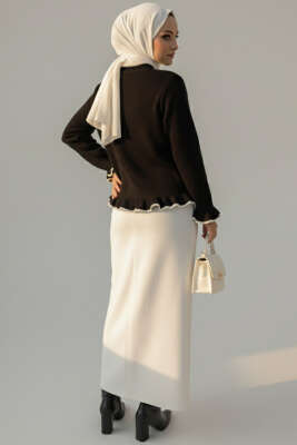 Fırfırlı İnci Düğmeli Triko Hırka Siyah - Hırka