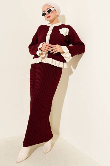 Fırfırlı İncili Etekli Triko İkili Takım Bordo - İkili Takım