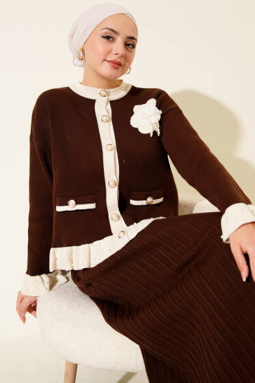 Fırfırlı İncili Etekli Triko İkili Takım Kahve - İkili Takım