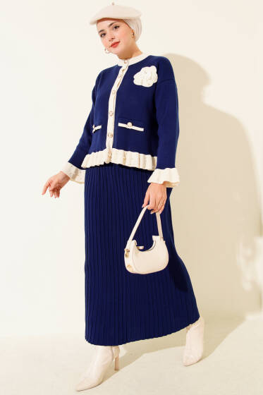 Fırfırlı İncili Etekli Triko İkili Takım Lacivert - İkili Takım