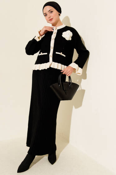 Fırfırlı İncili Etekli Triko İkili Takım Siyah - İkili Takım