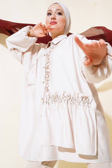 Fırfırlı İncili Tunik Bej - Tunik