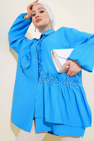 Fırfırlı İncili Tunik Mavi - Tunik