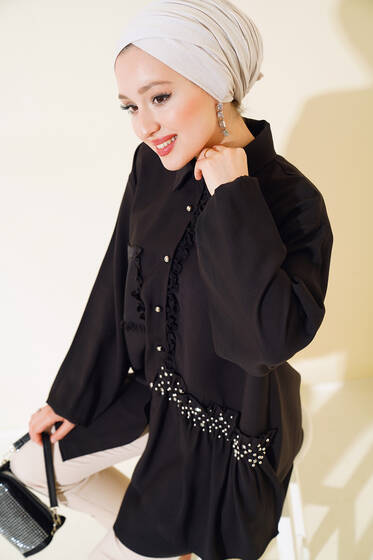 Fırfırlı İncili Tunik Siyah - Tunik