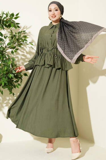 Fırfırlı İp Bağcıklı Etekli İkili Takım Haki - İkili Takım