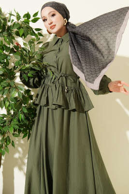 Fırfırlı İp Bağcıklı Etekli İkili Takım Haki - İkili Takım