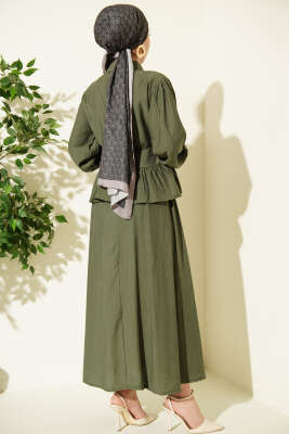 Fırfırlı İp Bağcıklı Etekli İkili Takım Haki - İkili Takım